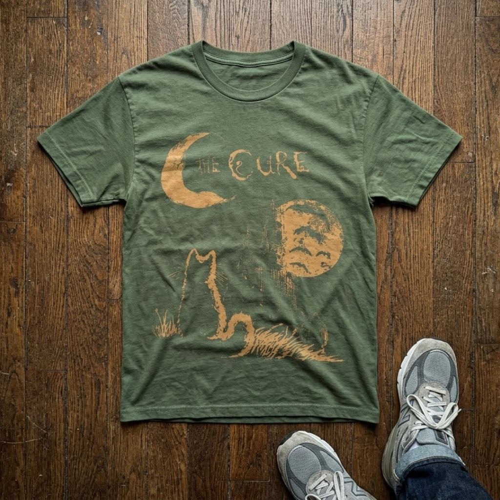 The Cure Cat & Moon Graphic Band T-Shirt Olive Green Vintage Style Goth Tee
