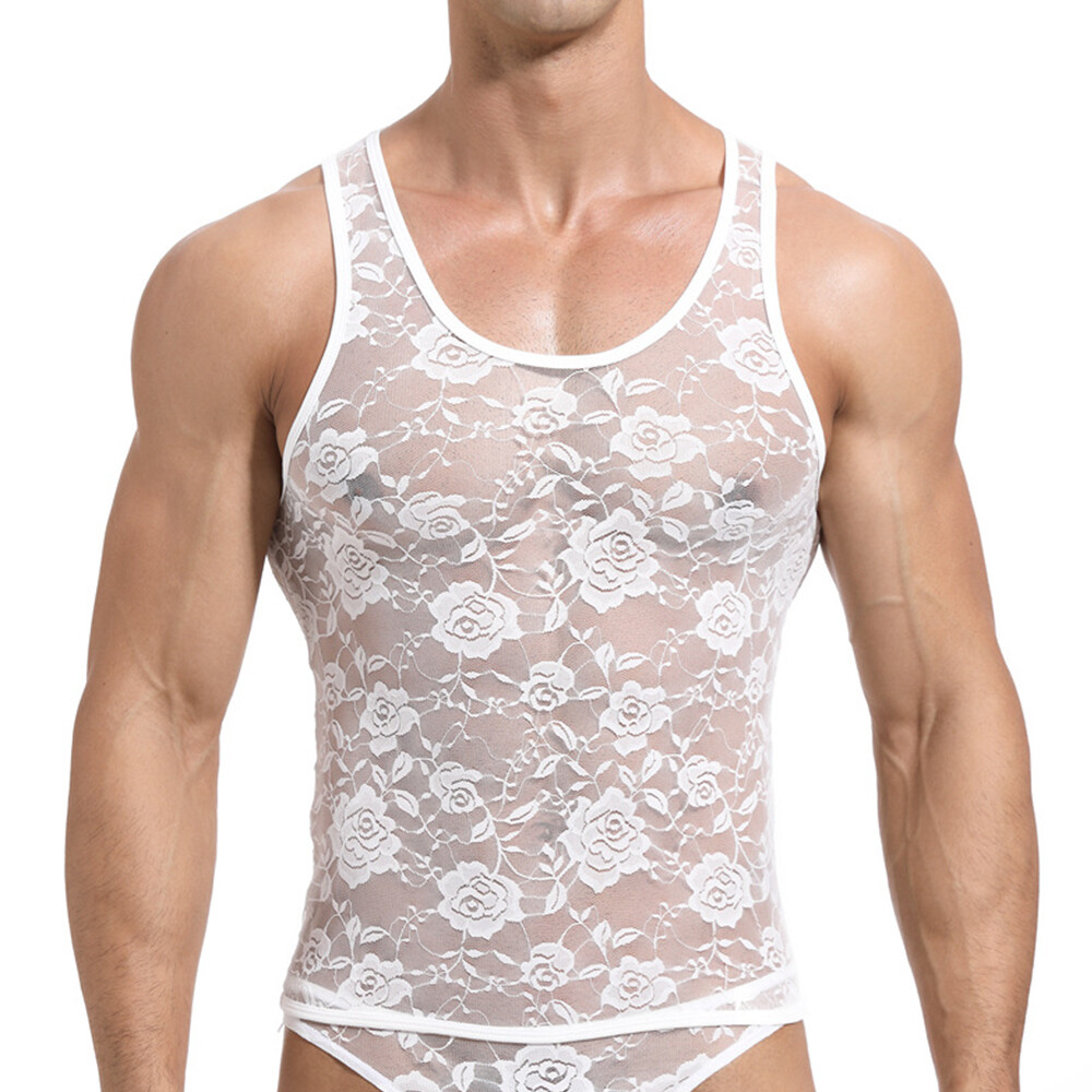 Mens Gym Tops Tank Top Vest Undershirts Lace T Shirt Floral Sleeveless Sexy