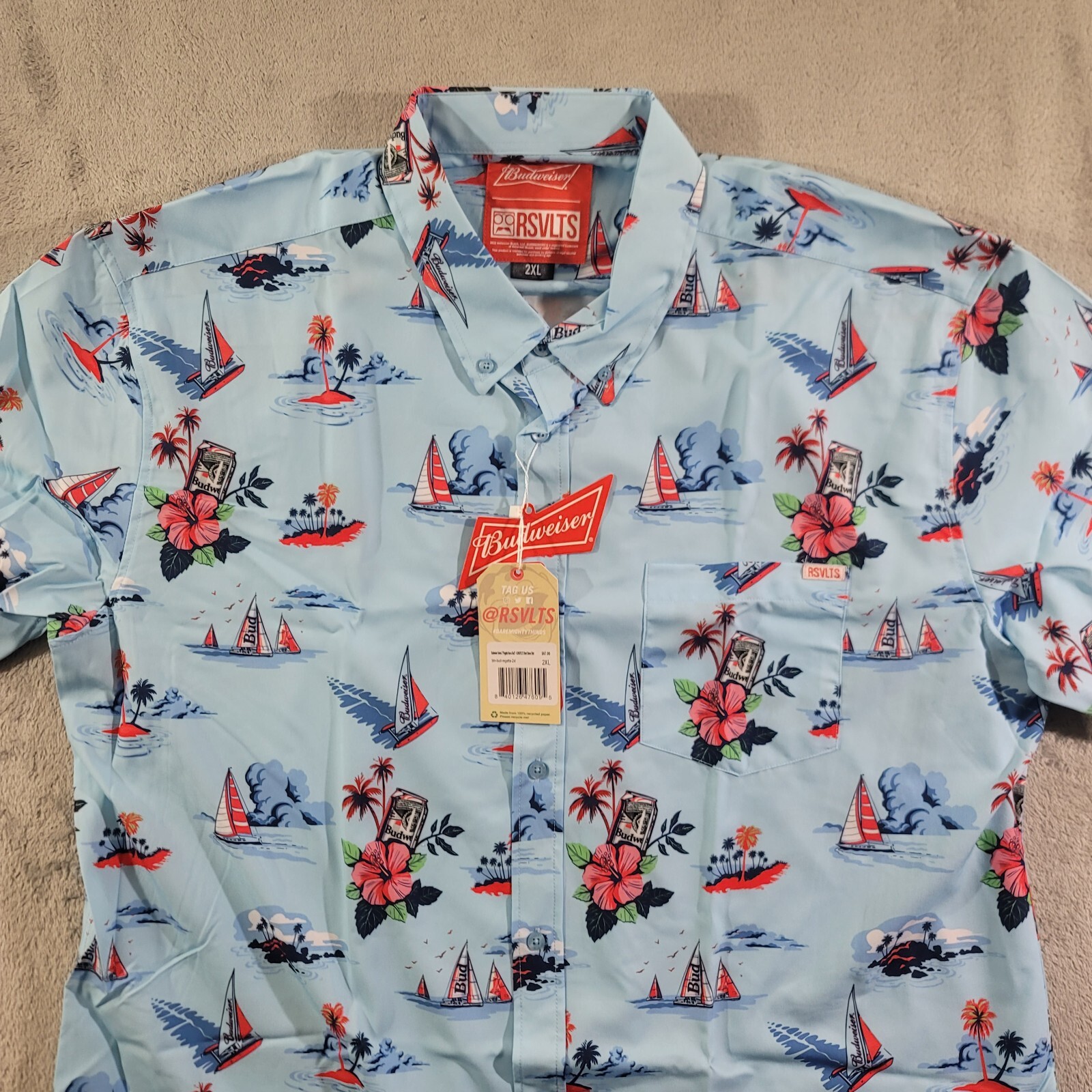 RSVLTS Shirt Mens Size 2XL Regatta Have A Bud Short Sleeve Button Down Blue