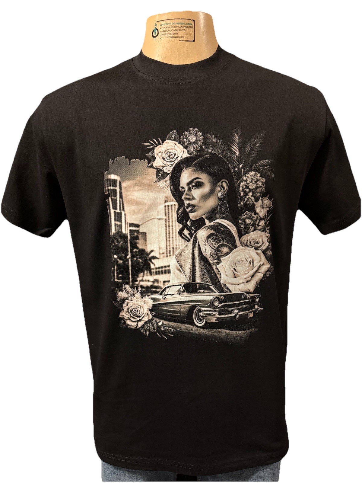 Chicana Lowrider Dtf Printed Black T-Shirt front or back logo all sizes