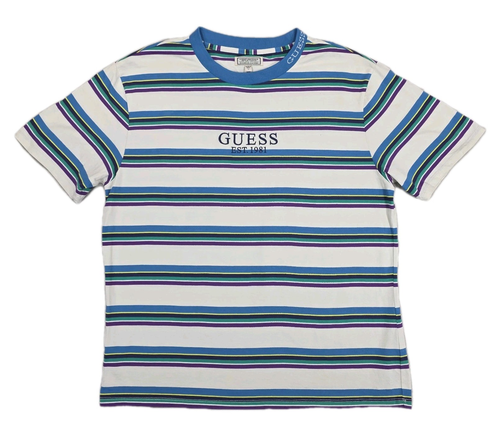 Guess Shirt Mens Large White Blue Striped Embroidered Logo Preppy