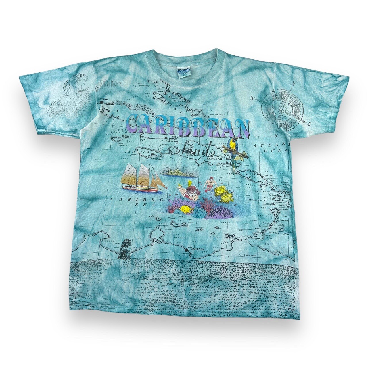 Vintage 90s All Over Print Caribbean T Shirt Mens Large Blue Map Multicoloured