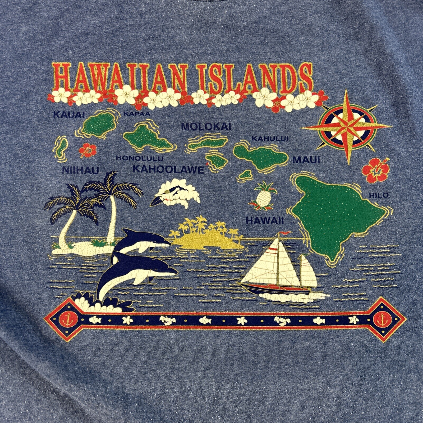 VTG Hawaiian Islands Shirt Mens XL Blue Alstyle Map Dolphins Adult #8000