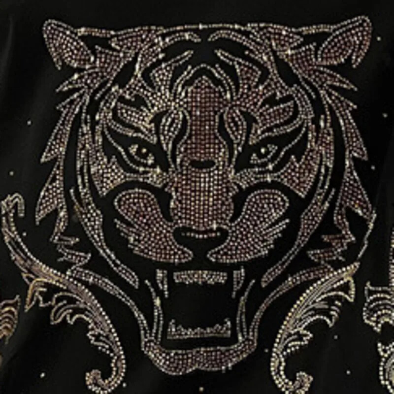 New Fashion Tiger Trend Rhinestone Summer Short Sleeve Luxury Black Men T-Shirt