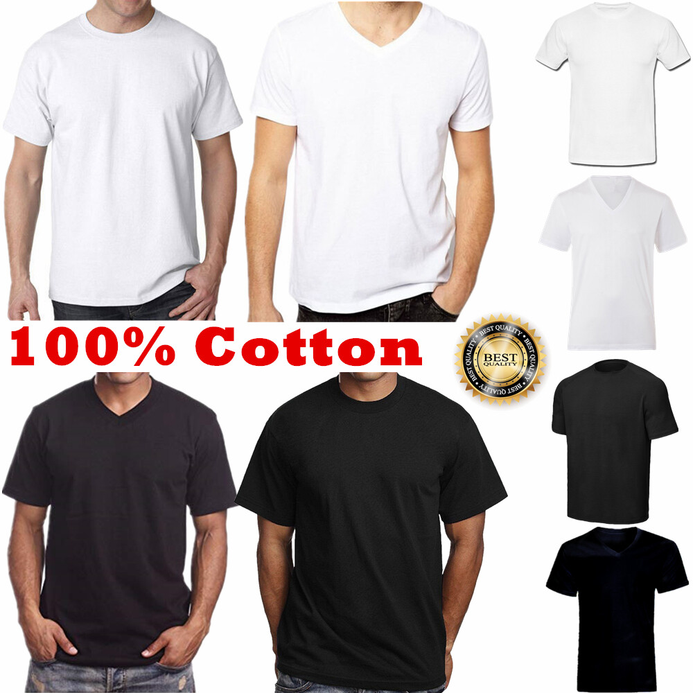 Men 100% Cotton Thick Casual T-Shirt Basic Tee Crew V-Neck White Black S-4XL LOT