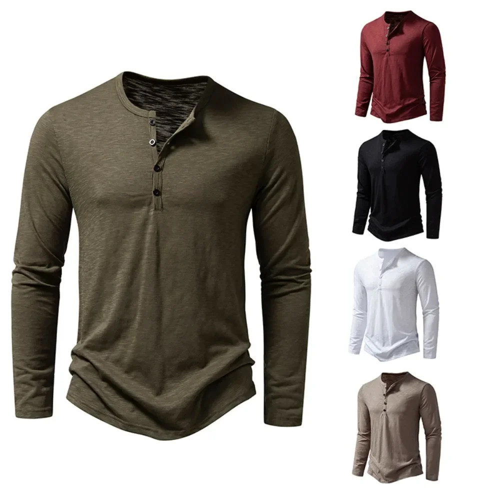Autumn New Men&rsquo;s Cotton Button Long Sleeve Henley Neck T-Shirt Casual Solid
