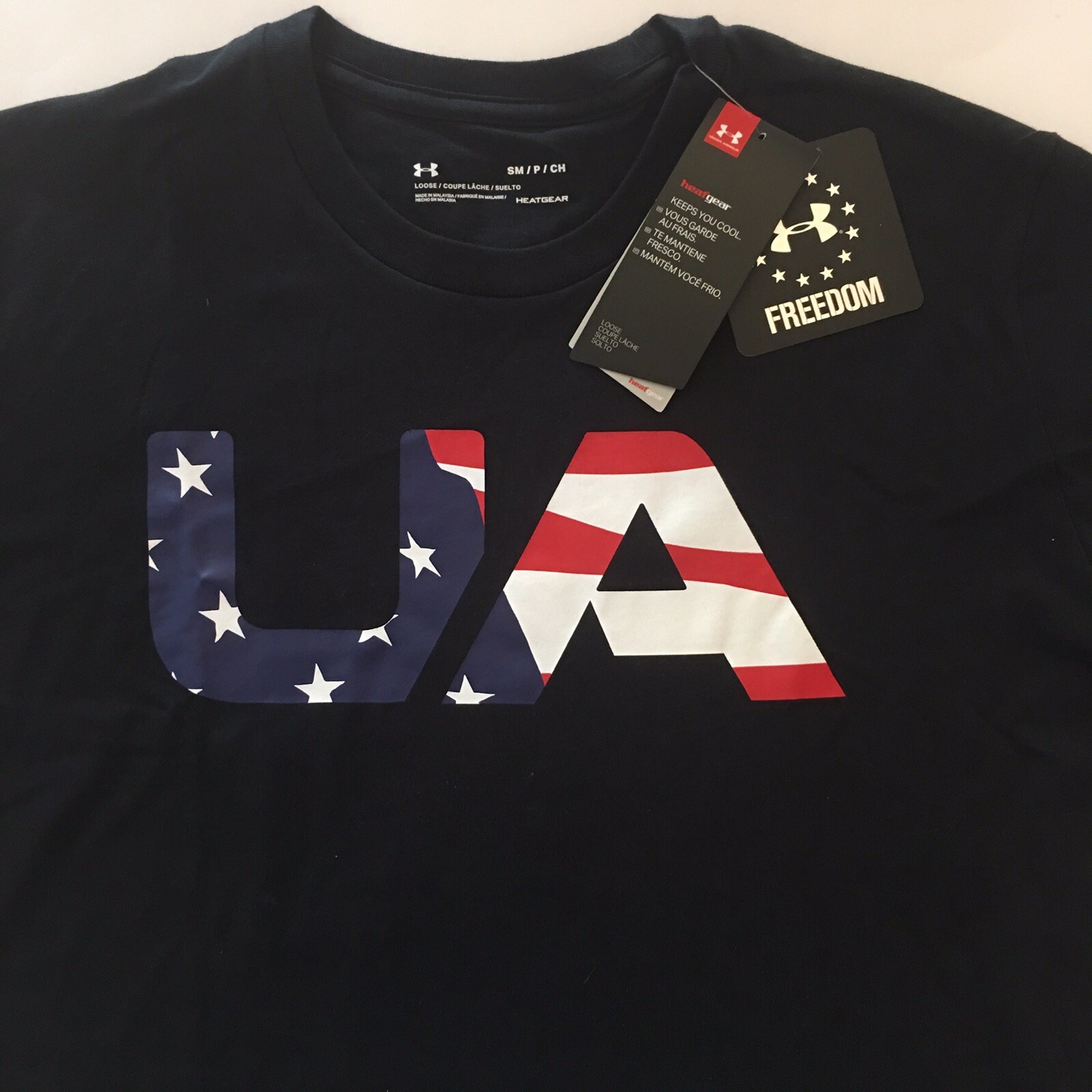 Under Armour Freedom USA Flag T-Shirt Black UA Big logo star stripes 1333352