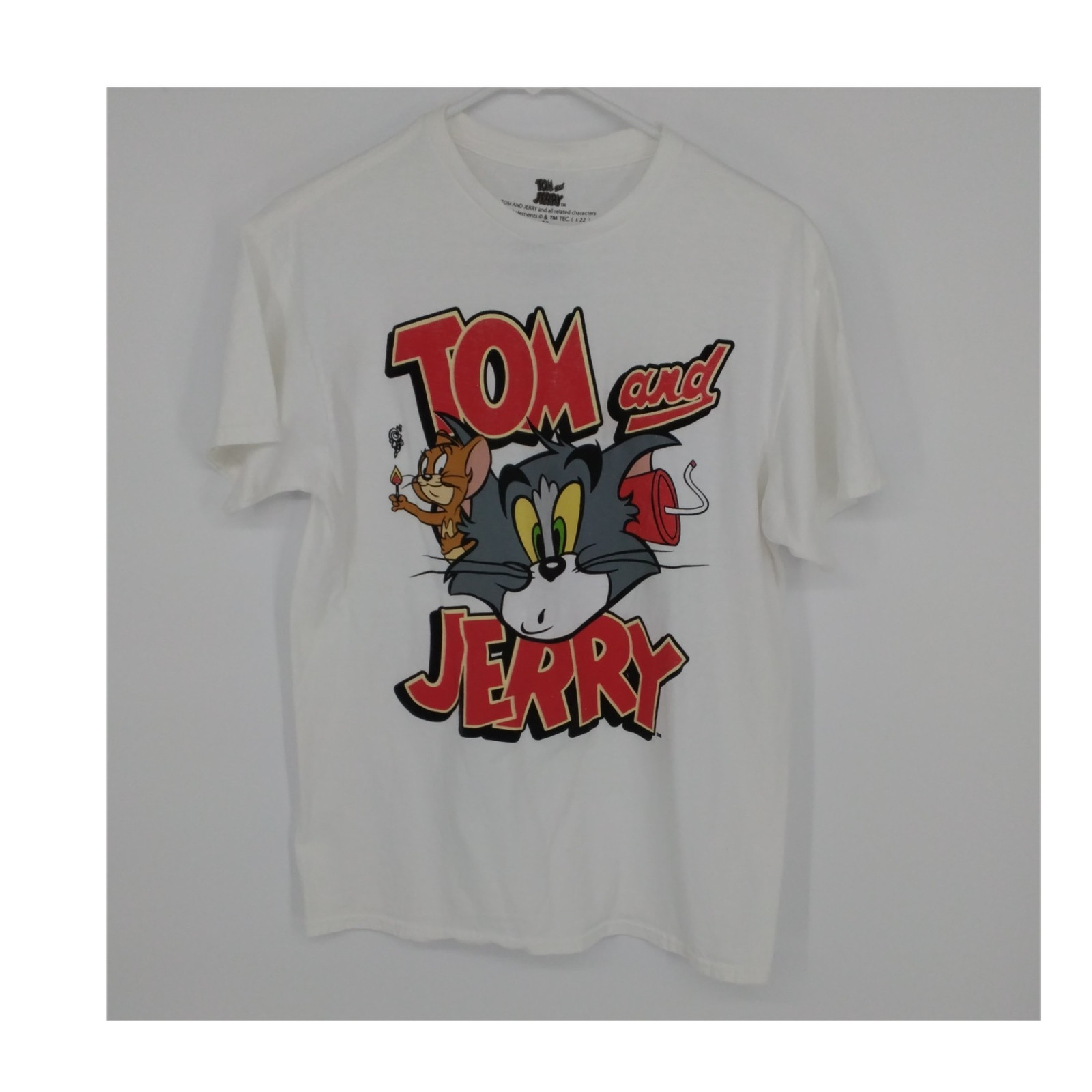 Tom and Jerry Men&rsquo;s M White Graphic Print Crew Neck Short Sleeve Cotton T-Shirt