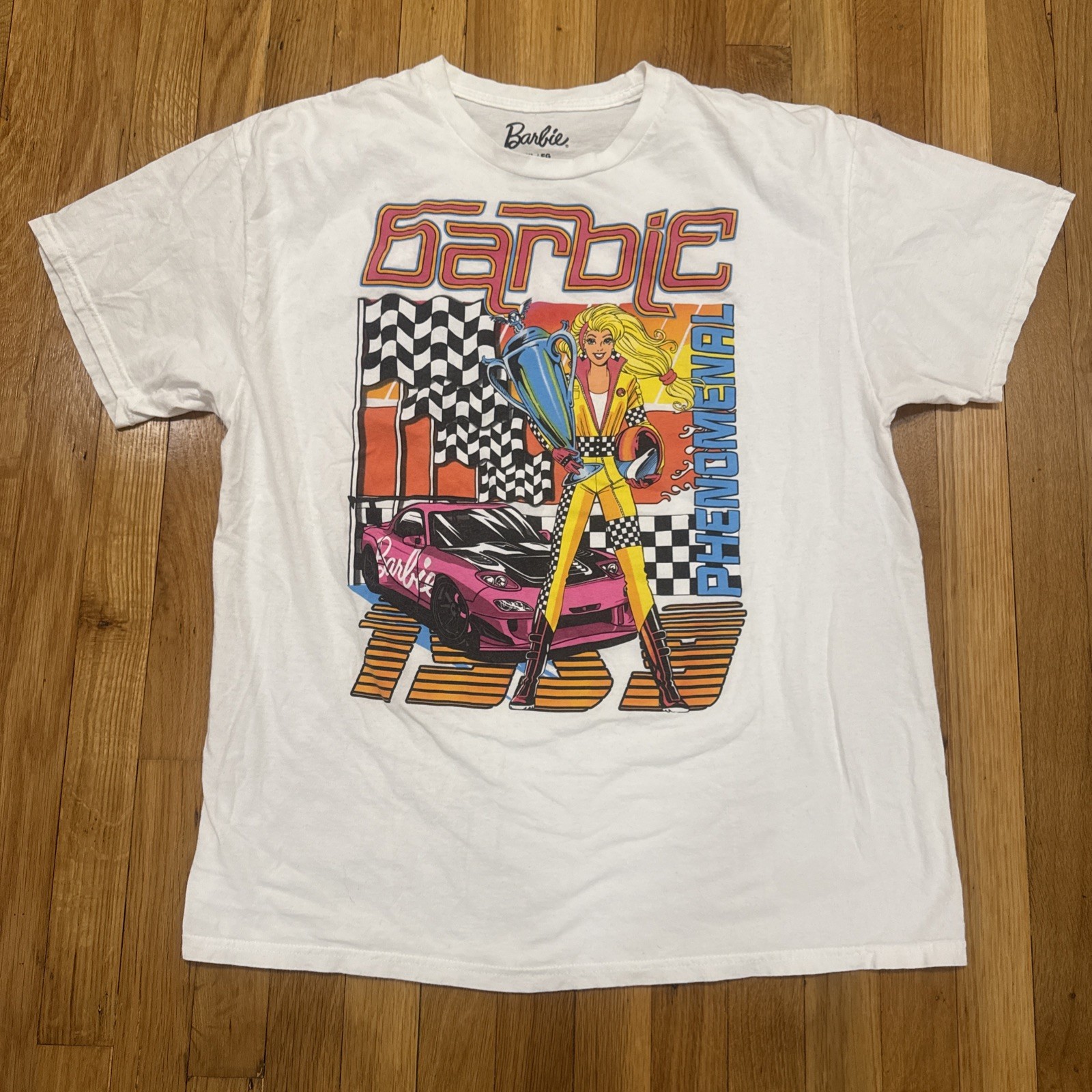 BARBIE Adult T Shirt Racing Phenomenal Short Sleeve White Size XL