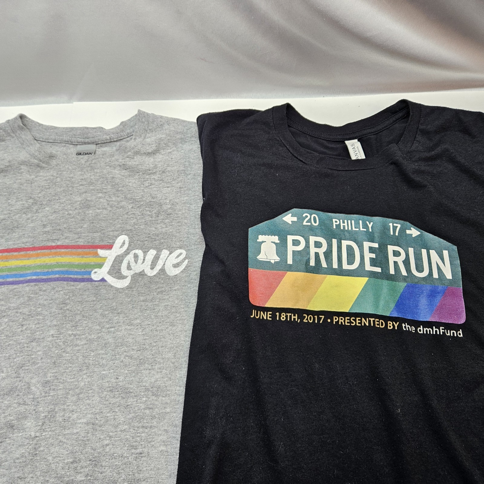 2 Gay Pride T-Shirts – Philly Pride Run & (Rainbow) Love – XL Gildan & Canvas
