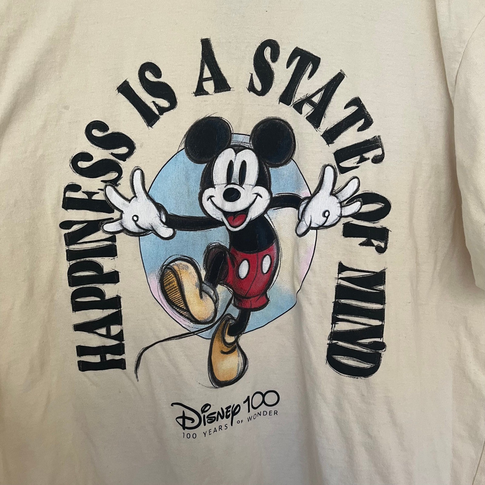 Disney 100 Years of Wonder Mickey Mouse T Shirt XL Beige Happiness State Mind