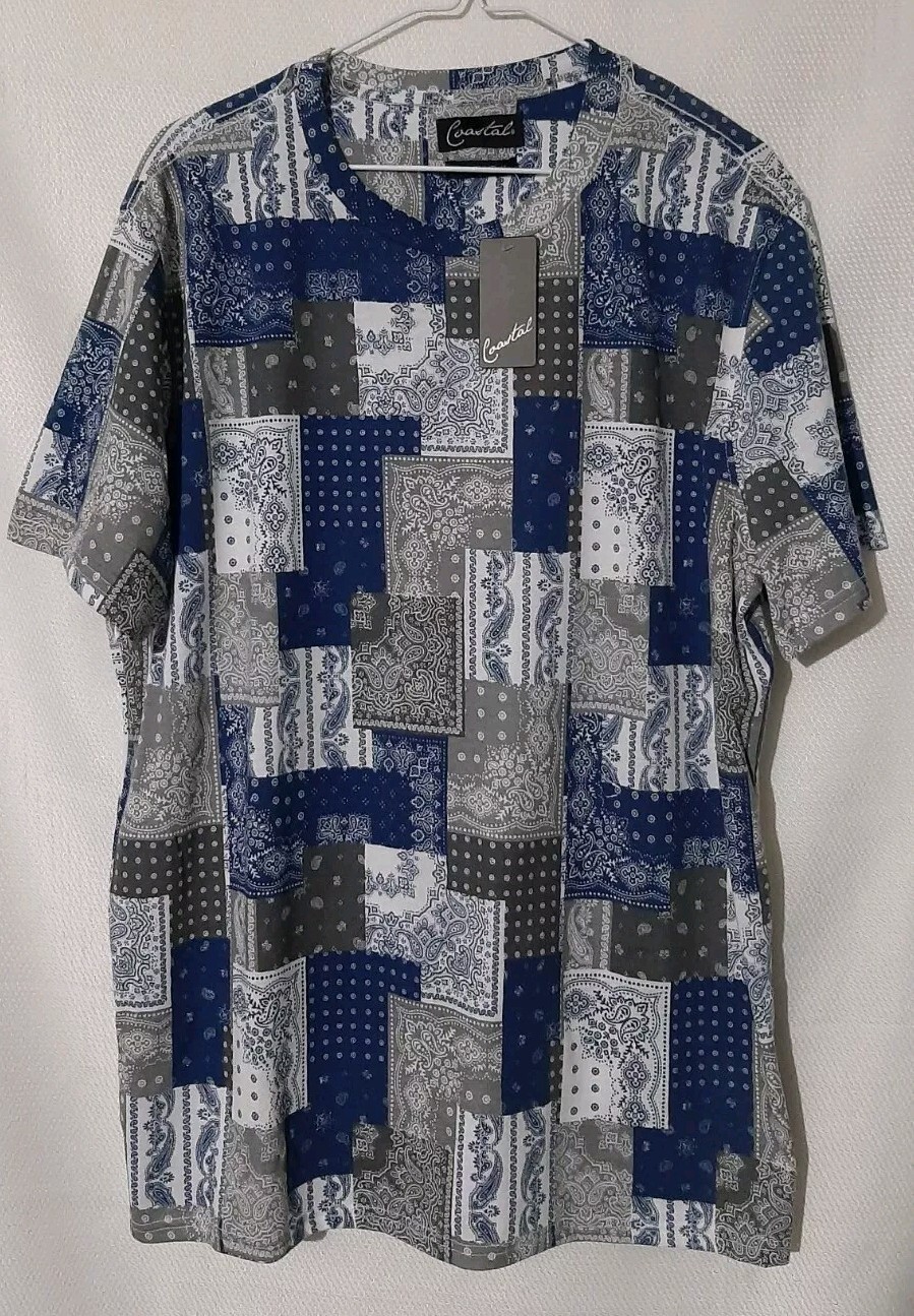 NEW Mens Coastal Geometric Blue Gray White Shirt Extra Large