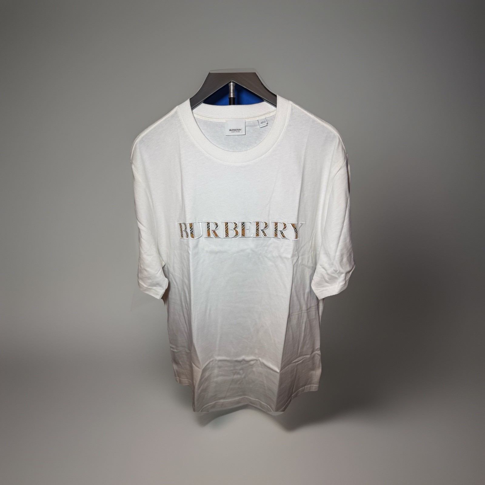 Burberry London England Men&rsquo;s White Logo T-Shirt Check Print 100% Cotton