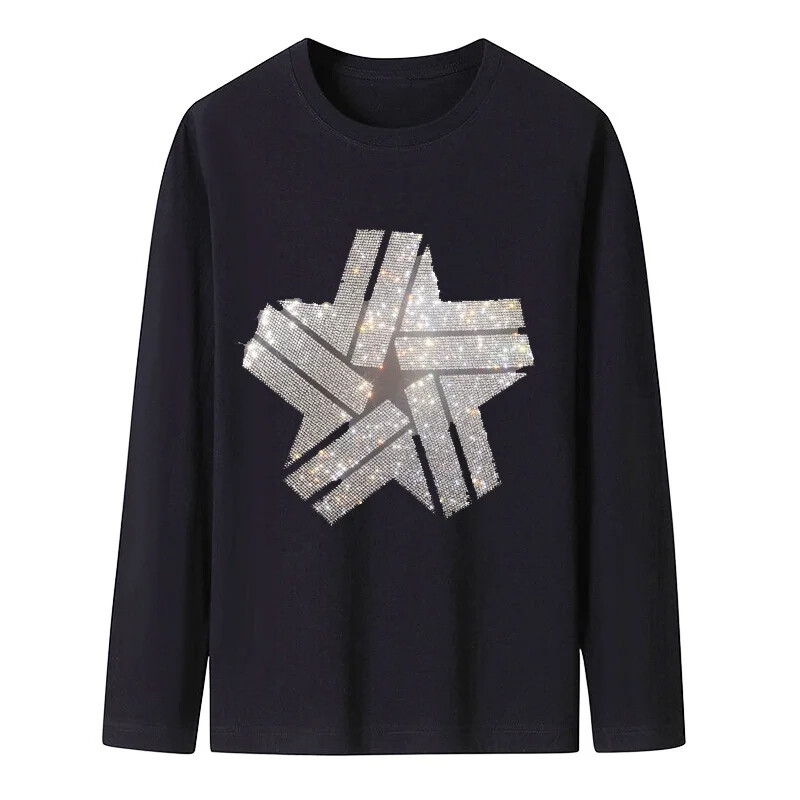 New Men Luxury Diamond Star Rhinestones Fashion Black T-Shirt High Quality