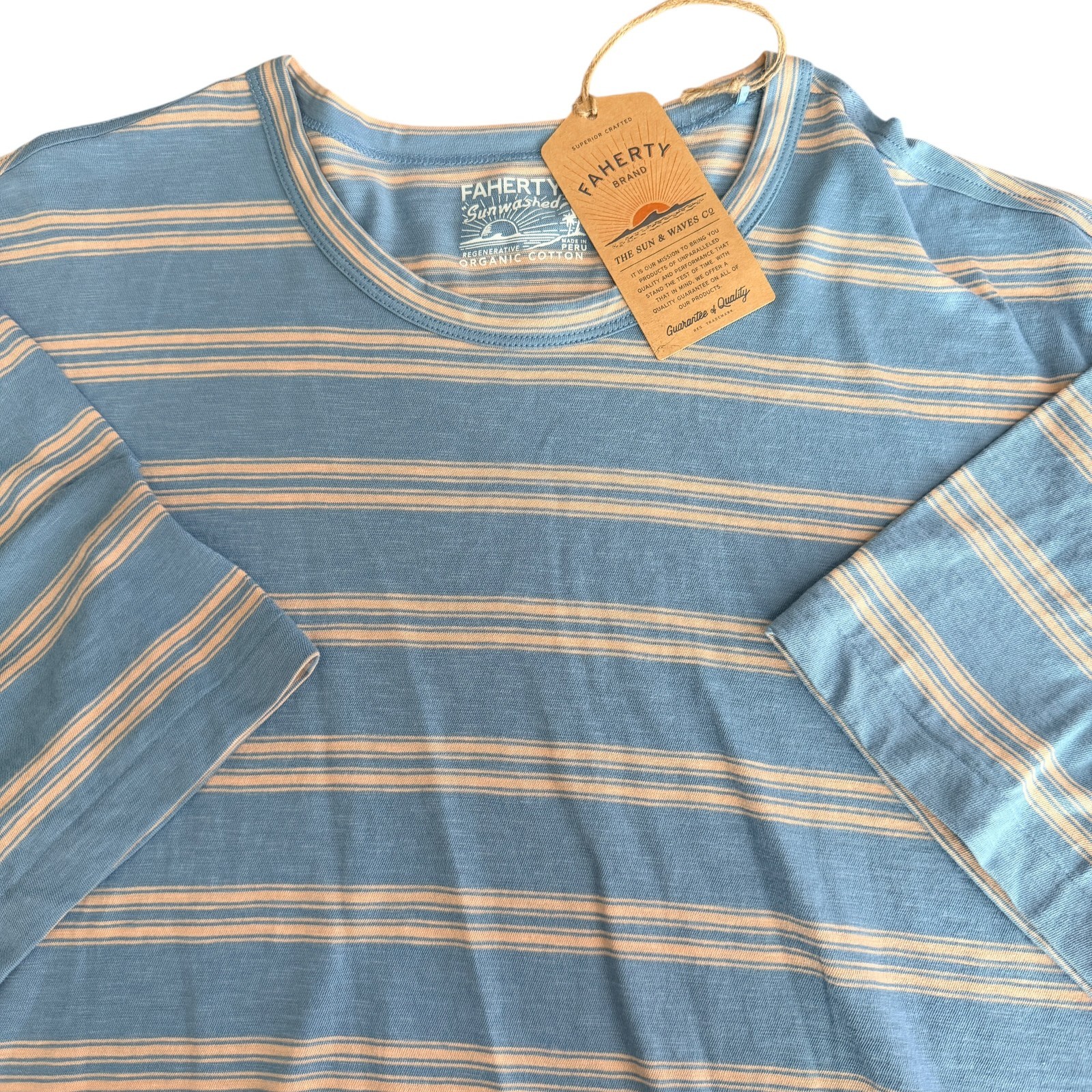 Faherty Sunwashed T Shirt Coast Coral Stripe Blue Organic Cotton Mens 2XL $78
