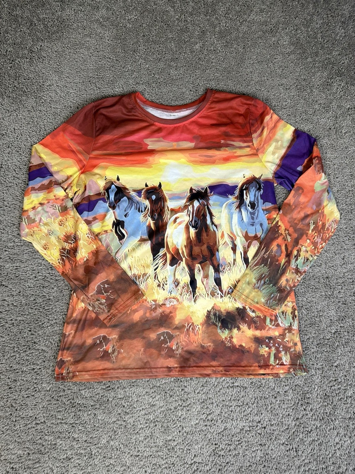 Horse Shirt Mens M Western Plains Graphic Long Sleeve Crew Jersey Casual