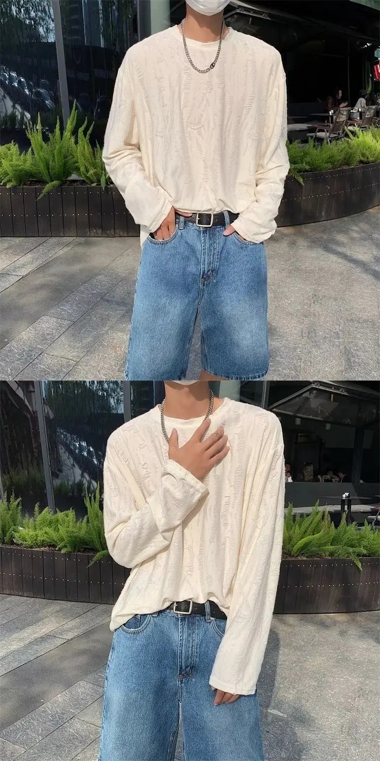 Men&rsquo;s Distressed Long Sleeve T-Shirt Harajuku Aesthetic Ripped Pullover Top