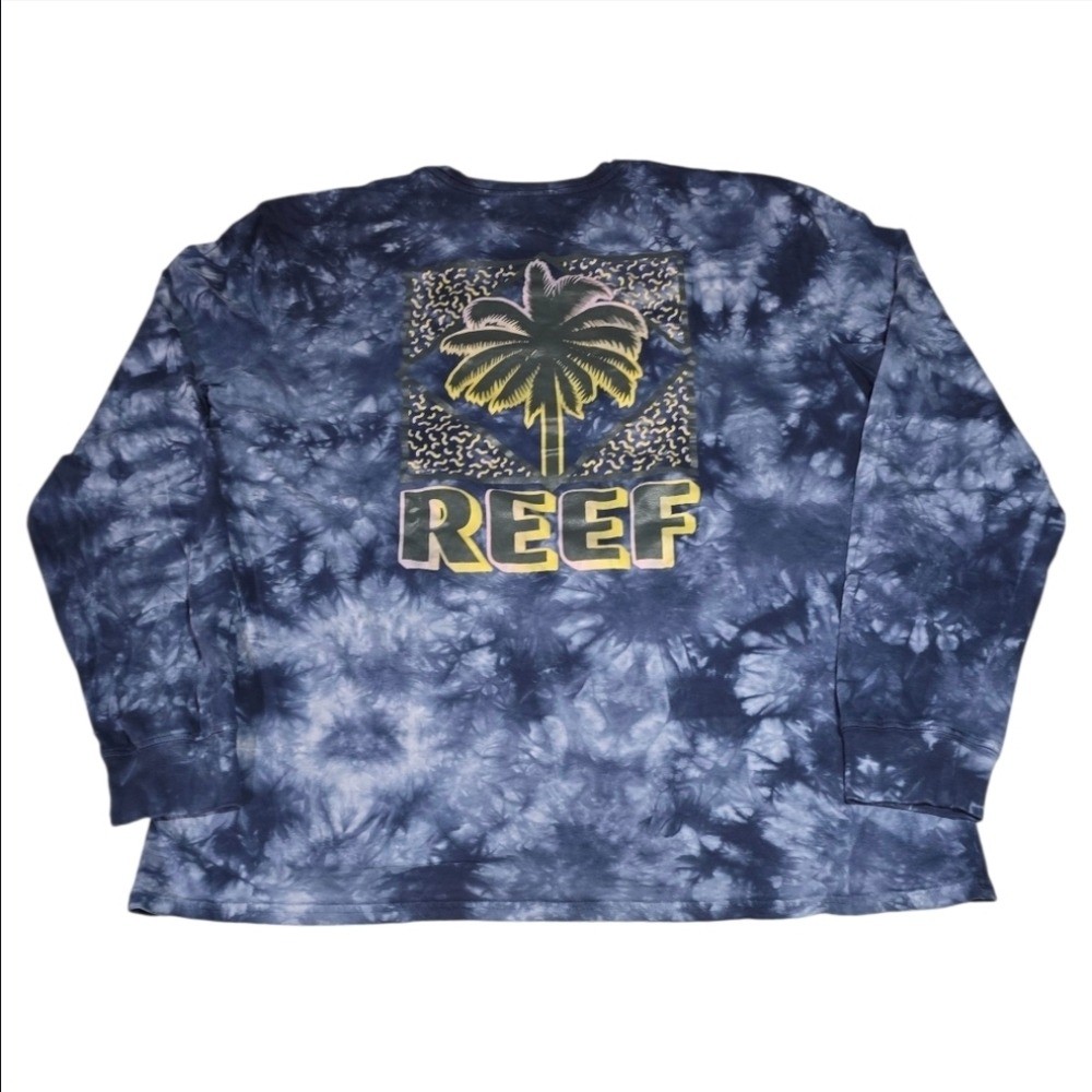 Reef Graphic T-Shirt Mens Long Sleeve Tie Dye Palm Tree Deep Blue XL FLAWS
