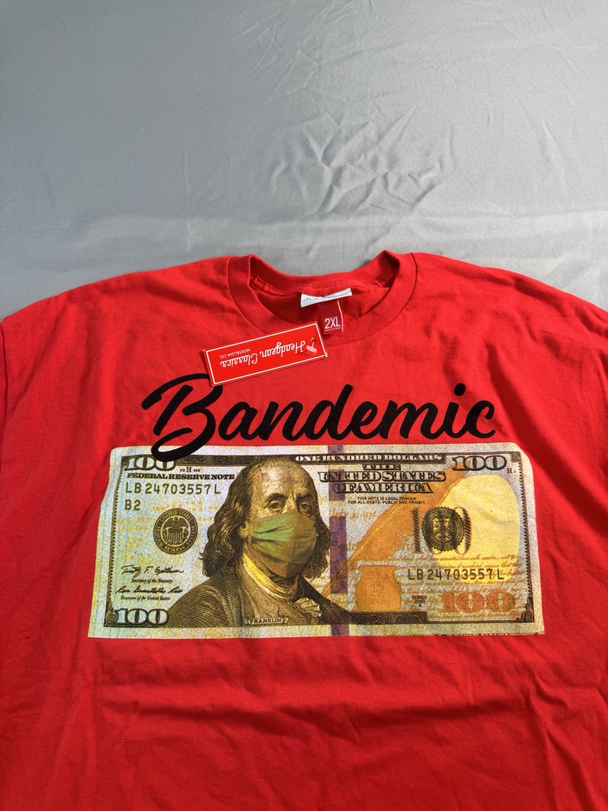 Headgear Classics Men’s T-Shirt Bandemic 100 Dollar Bill Size 2XL Red Tee NEW