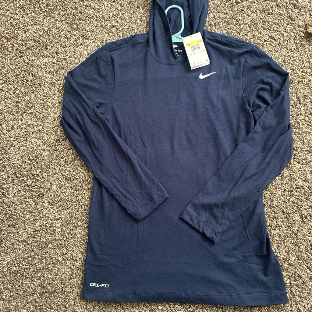 Nike Dri-FIT The Nike Tee Blue Solid Logo Crew Neck Long Sleeve T-Shirt Men&rsquo;s S