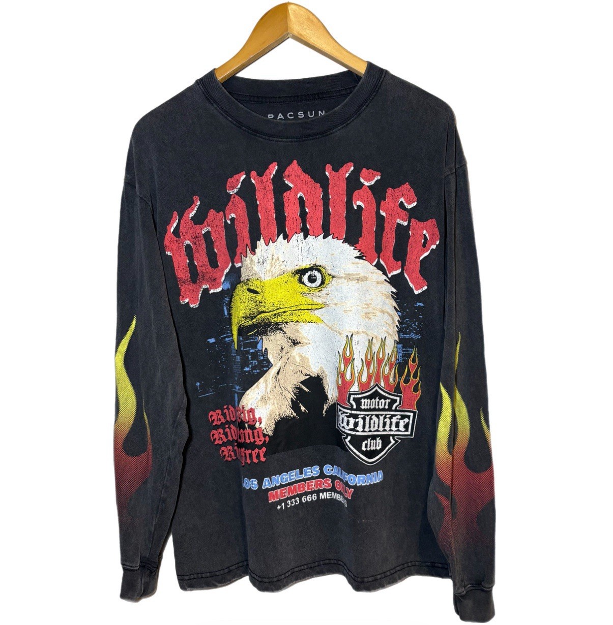 Vintage Rare PacSun Motorcycle Style Eagle Flames Long Sleeve Shirt Size M Black