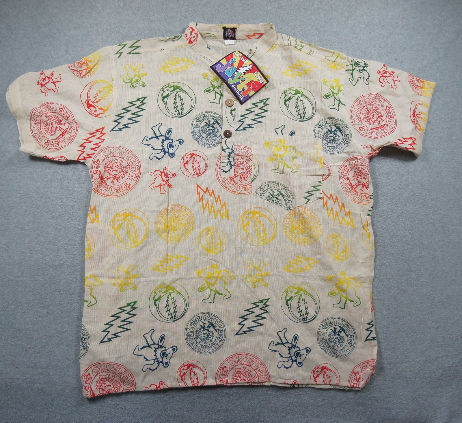 Grateful Dead Shirt Mens Large Henley Jayli Short Sleeve AOP Band Tee Rock Adult