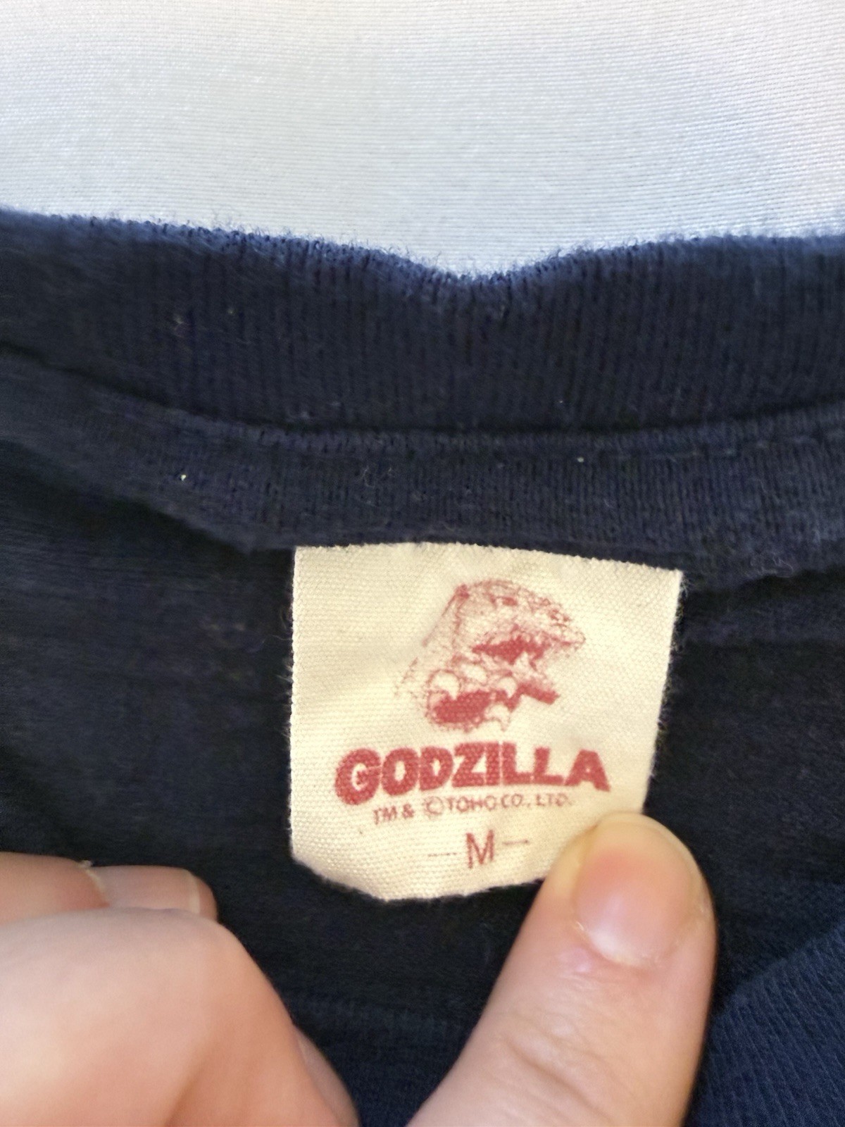 Godzilla Back Graphic T-Shirt Wave Tsunami Navy Blue Slub Knit Jersey Unisex M