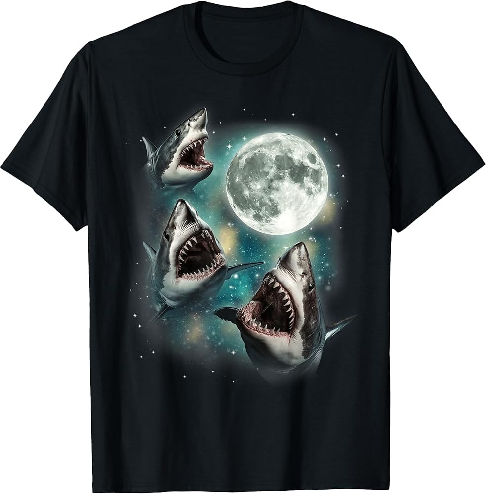 Three Shark Moon 3 Great Whites Howling Wolfs Moon Parody T-Shirt