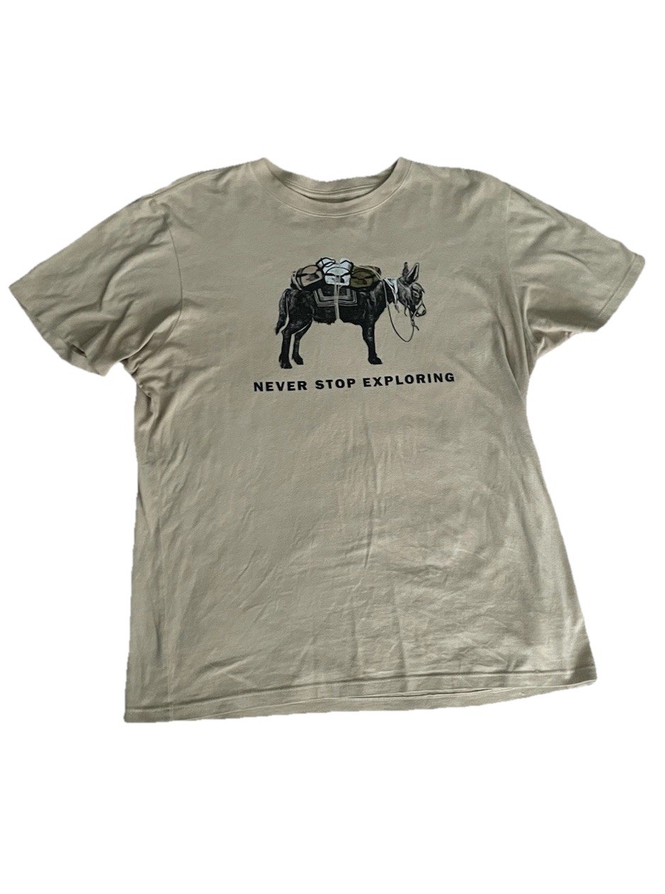 The North Face Pack Mule Donkey Burro Never Stop Exploring Tan T-Shirt Mens L