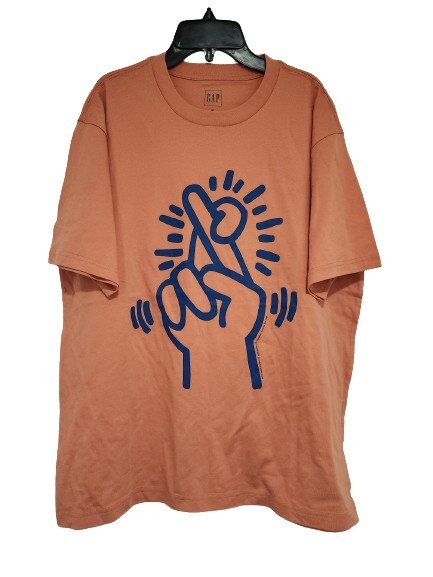 New Keith Haring Fingers Crossed Mens Medium Pop Street Art Light Orange Tee