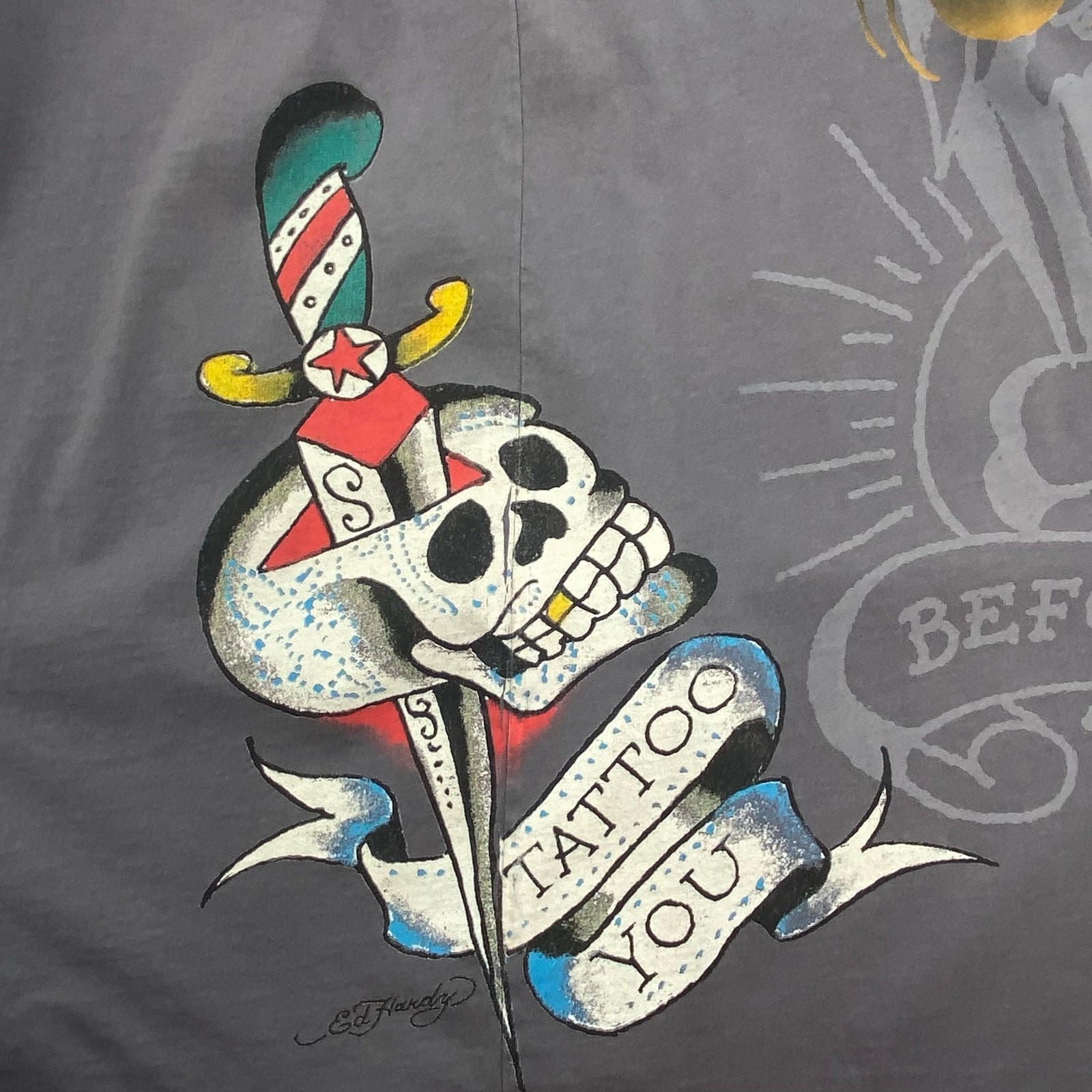 Y2K Ed Hardy Audigier Tattoo Art Skull Graphic Tee L Cotton Grey Made In USA