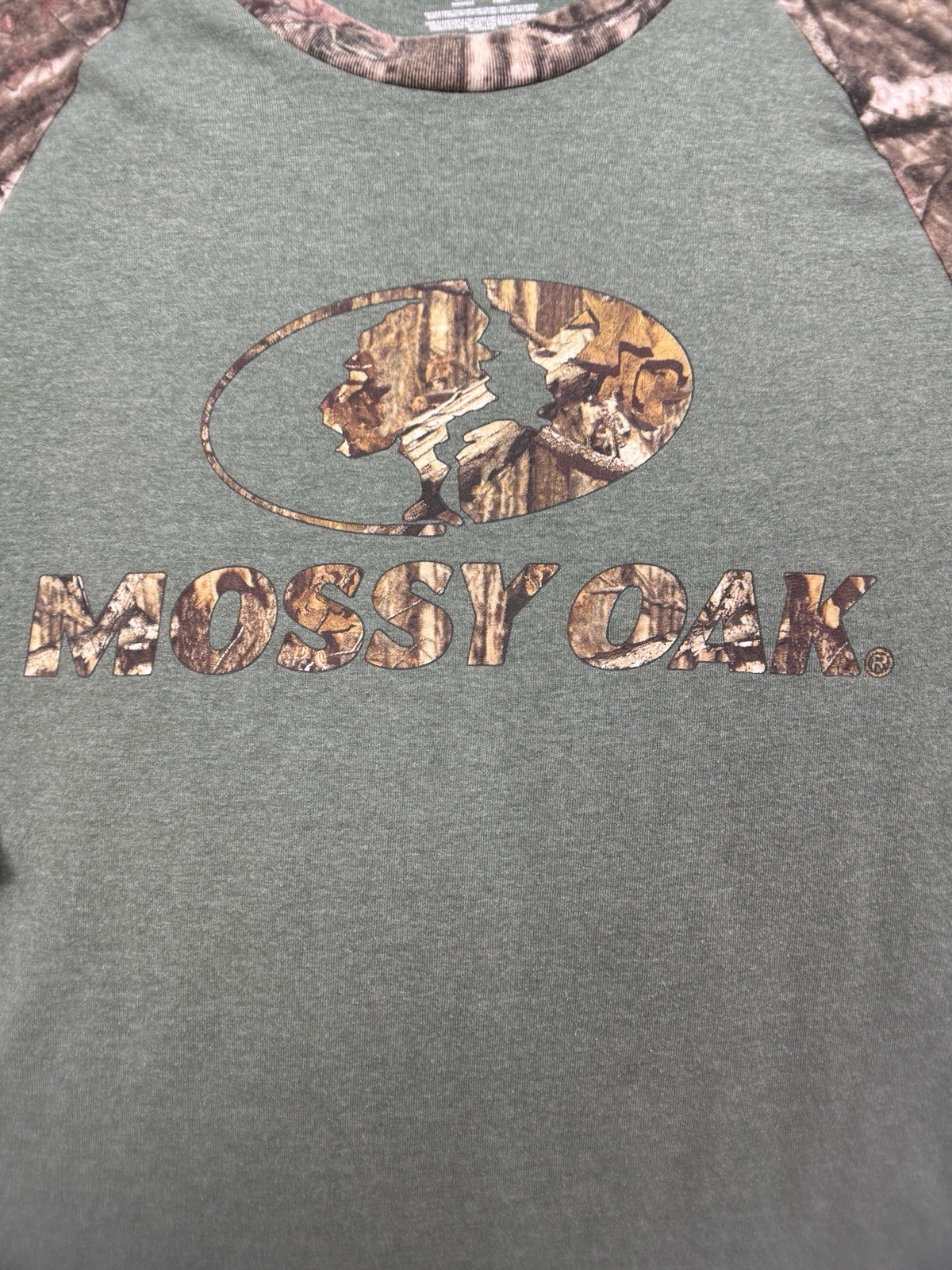 Mossy Oak Mens T Shirt Large Green Camouflage Crew Neck 3/4 Sleeve Raglan Tee L