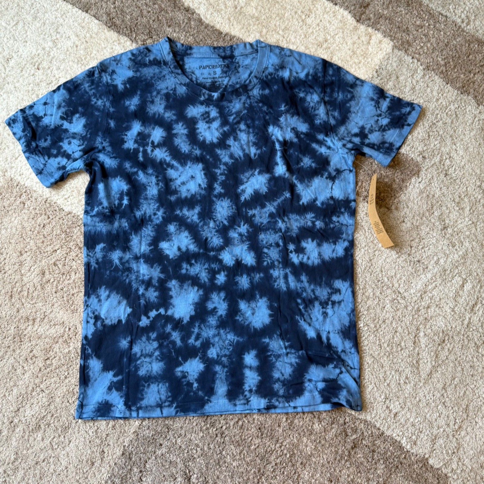Paperbacks Mens Blue Tie Dye T-Shirt Hand Dyed California Cotton Crew Neck S New