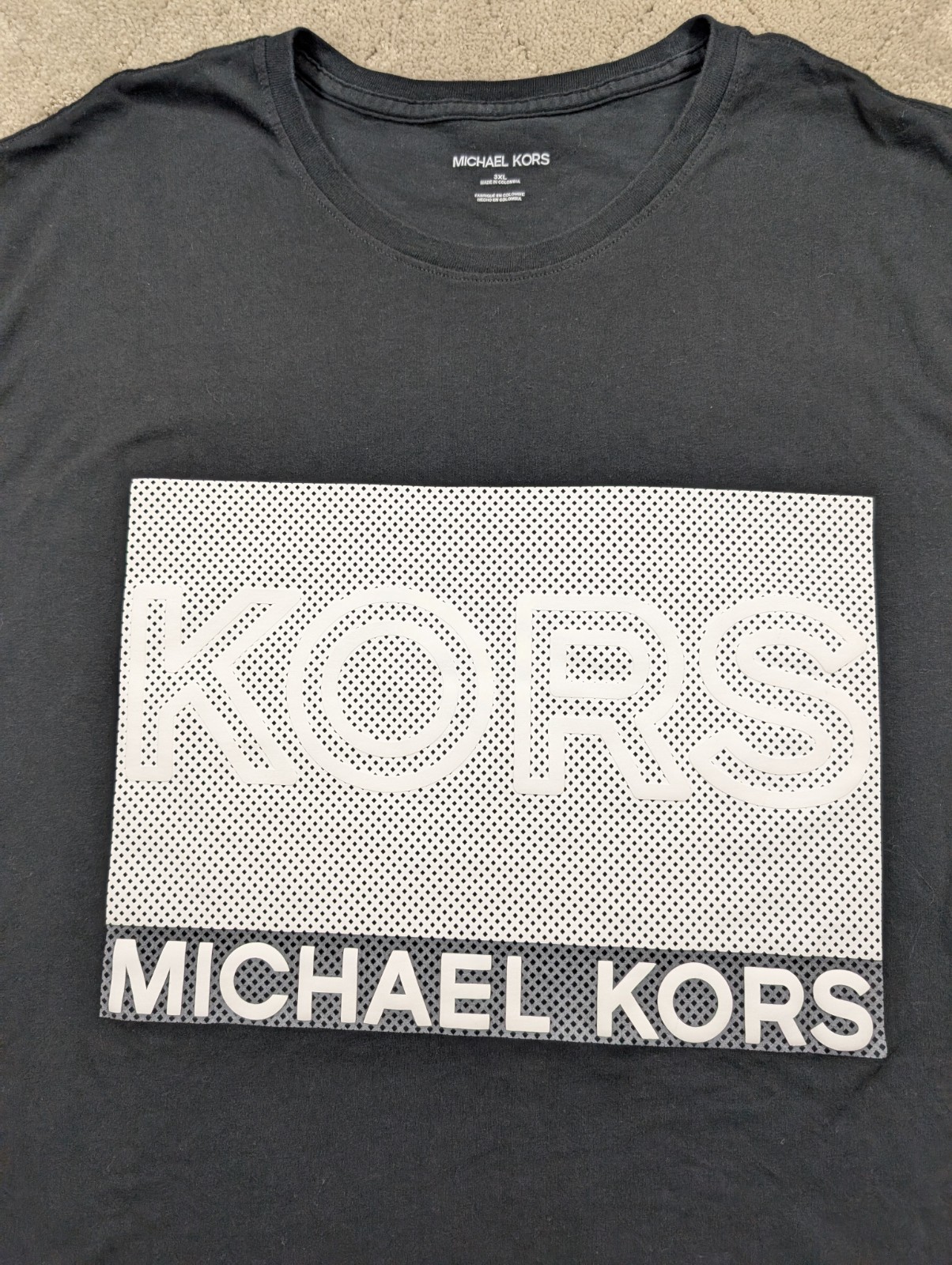 MICHAEL KORS Men’s (3XL) Black Crewneck Cotton T-Shirt Square 3D Textured Logo