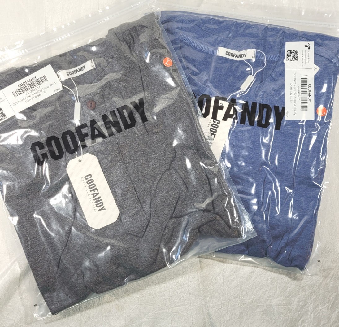 2 Coofandy Men&rsquo;s Short Sleeve Henley T-Shirts – Blue & Charcoal – Size Large