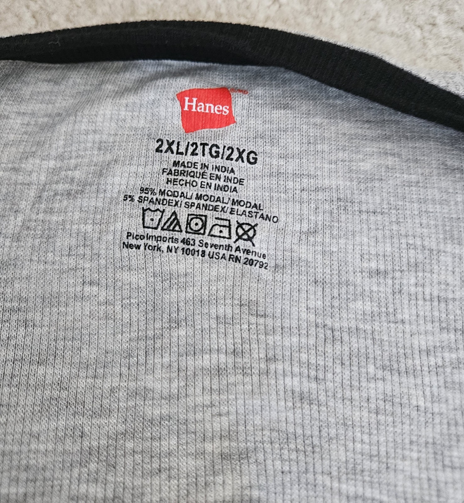 Hanes Mens Raglan Henley Shirt XXL Long Sleeve Gray/Black Loungewear NWT