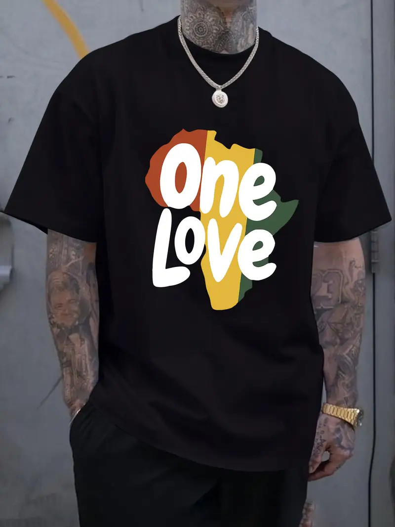 One Love Letter Print Men&rsquo;s Short Sleeve T-Shirts, Comfy Casual Elastic Crew Nec