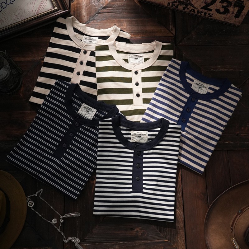 American Tough Guy Style Henry Collar Striped Washed Cotton Short Sleeved Shirt