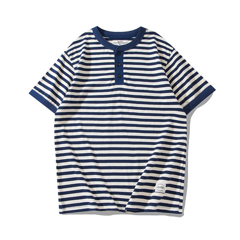 Mens Retro Sailor&rsquo;s Stripe Short Sleeve T-Shirts Classic Henry Shirt Casual Tops