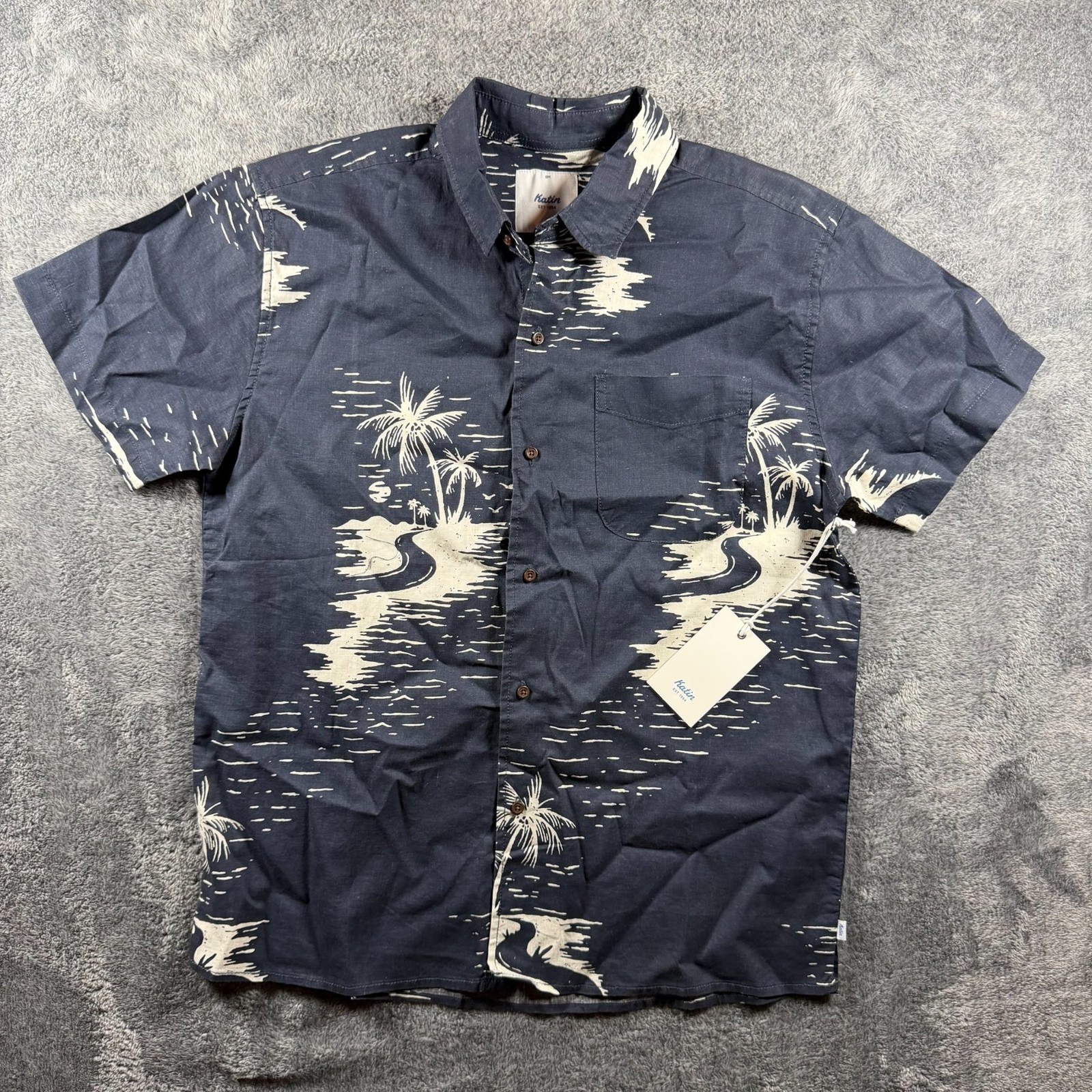 Katin Captain Shirt Mens Small Navy Tropical Print Cotton Linen Hawaiian NEW