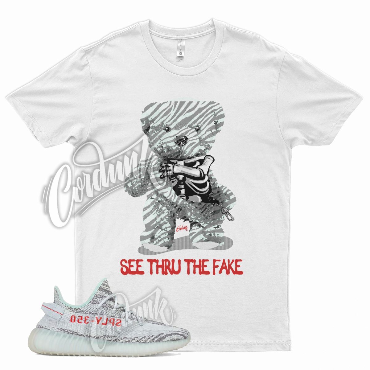 White THRU T Shirt for YZ Boost 350 V2 Blue Tint Zebra Grey Three