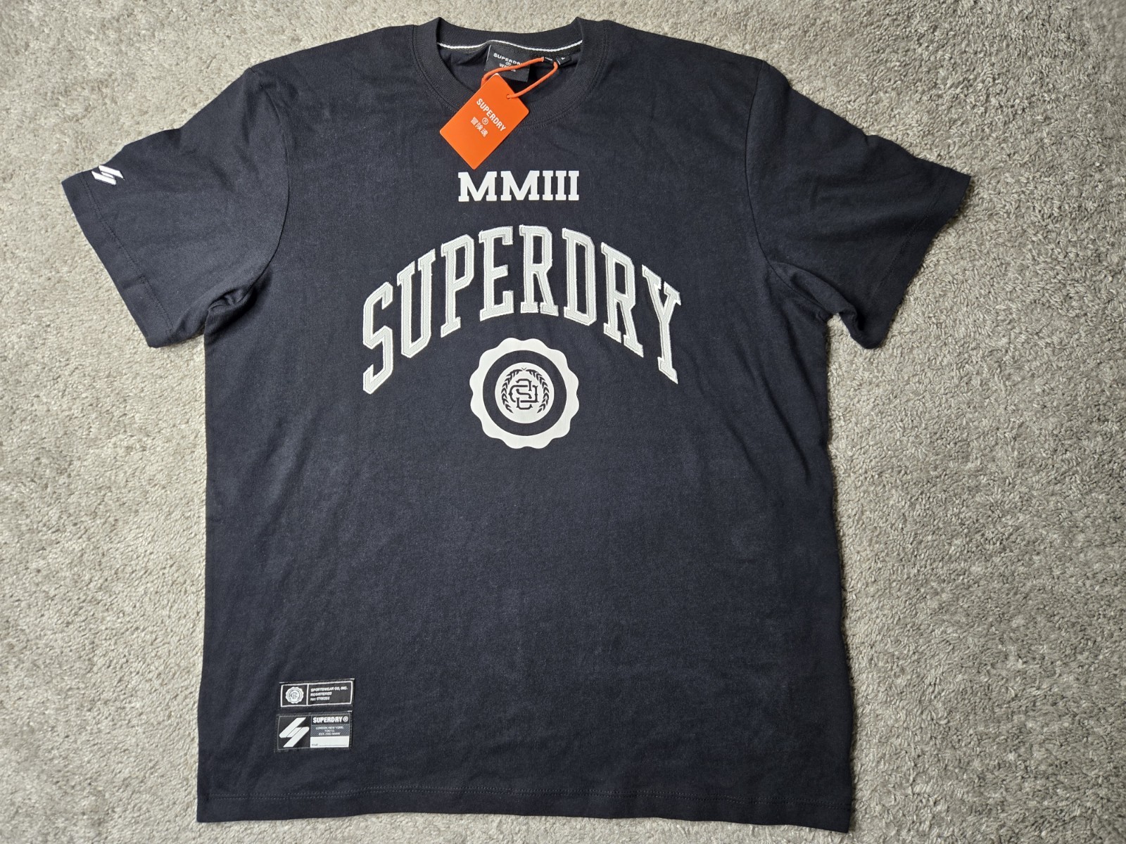 SUPERDRY T Shirt Size Large Color Black Varsity Style Logo Embroidered NWT!