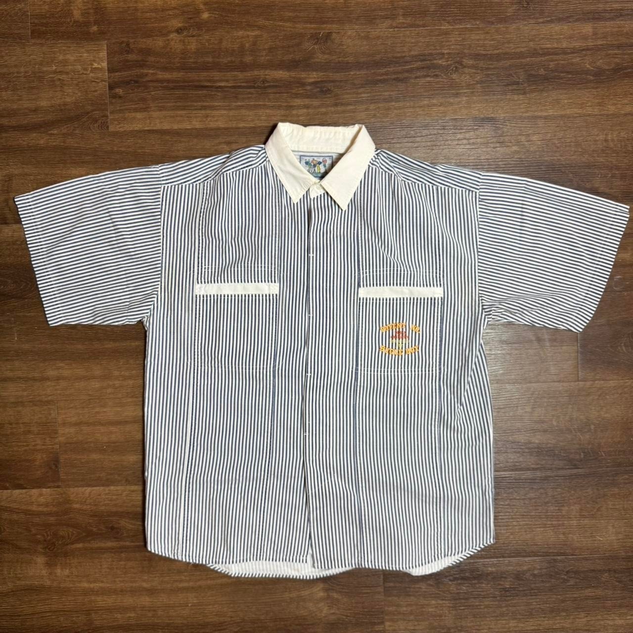 Vintage&rsquo;s 1980s or 1990s Bugle Boy Striped Collared Button-Up Shirt Sz M