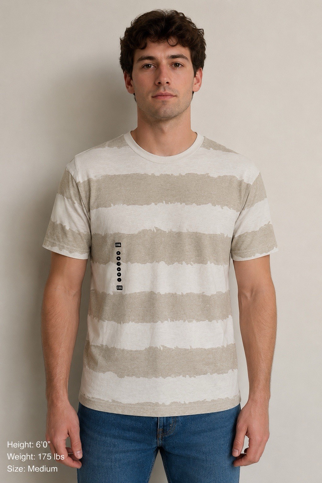 CSG Men’s Size Medium Beige White Stripe Casual Crew Neck Tee