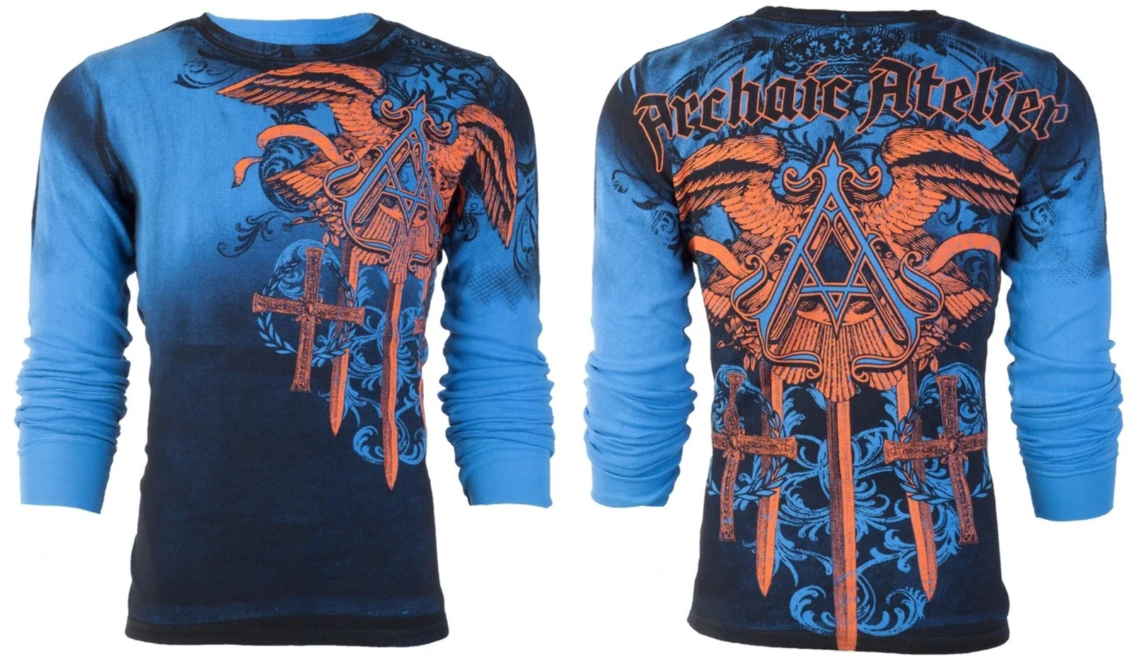 ARCHAIC by AFFLICTION Men&rsquo;s Long Sleeve THERMAL Shirt DAVENTRY Biker Blue $58