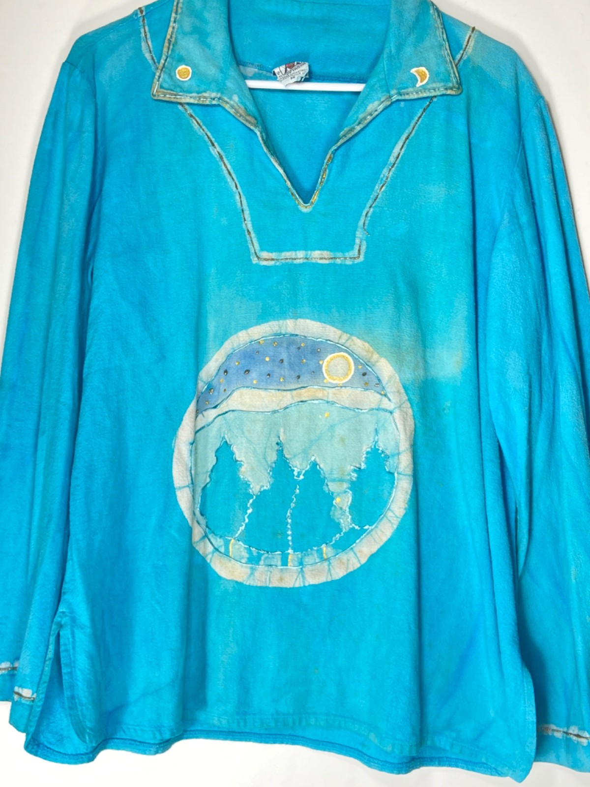 Hand-painted 70s Cotton Long Sleeve Hippy Shirt Deva Industries V-neck 44&Prime; Chest