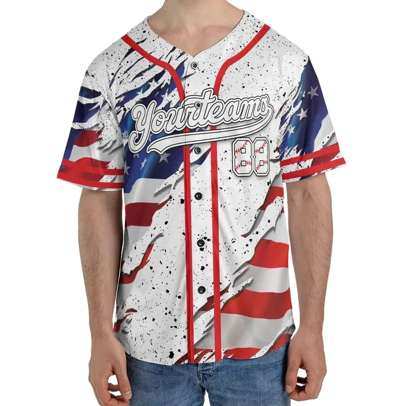 Custom Name Number Torn USA Flag Baseball Jersey Patriotic Graphic Shirt