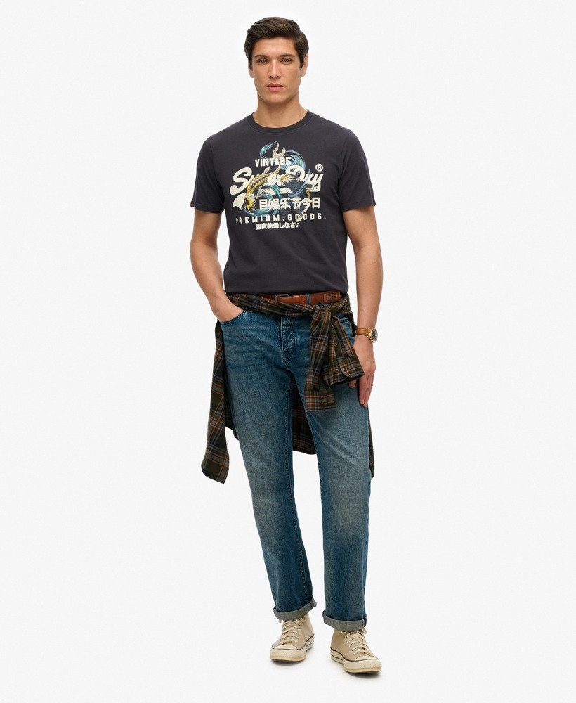 Superdry T-Shirt Short Sleeve Crew Neck Top VL Tokyo Relaxed Tee Blue Dark Grey