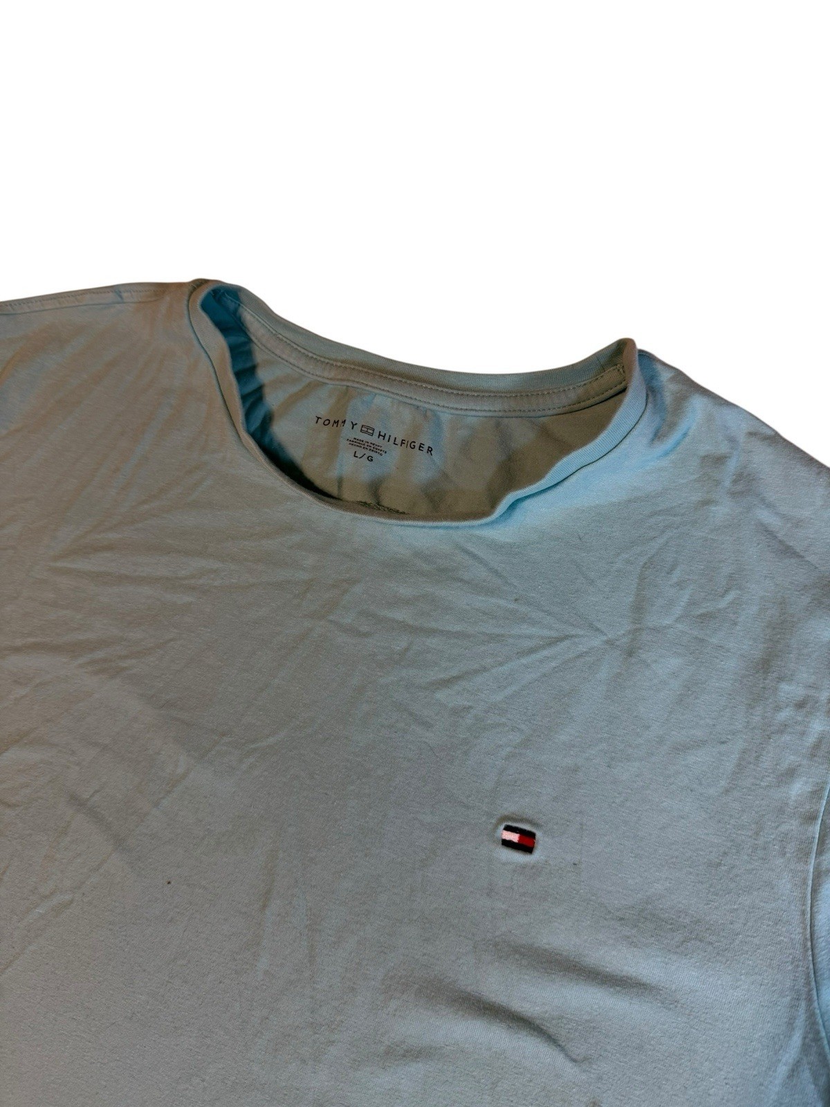 Tommy Hilfiger Mens T-Shirt Size L Light Blue Logo Print Cotton Designer T25