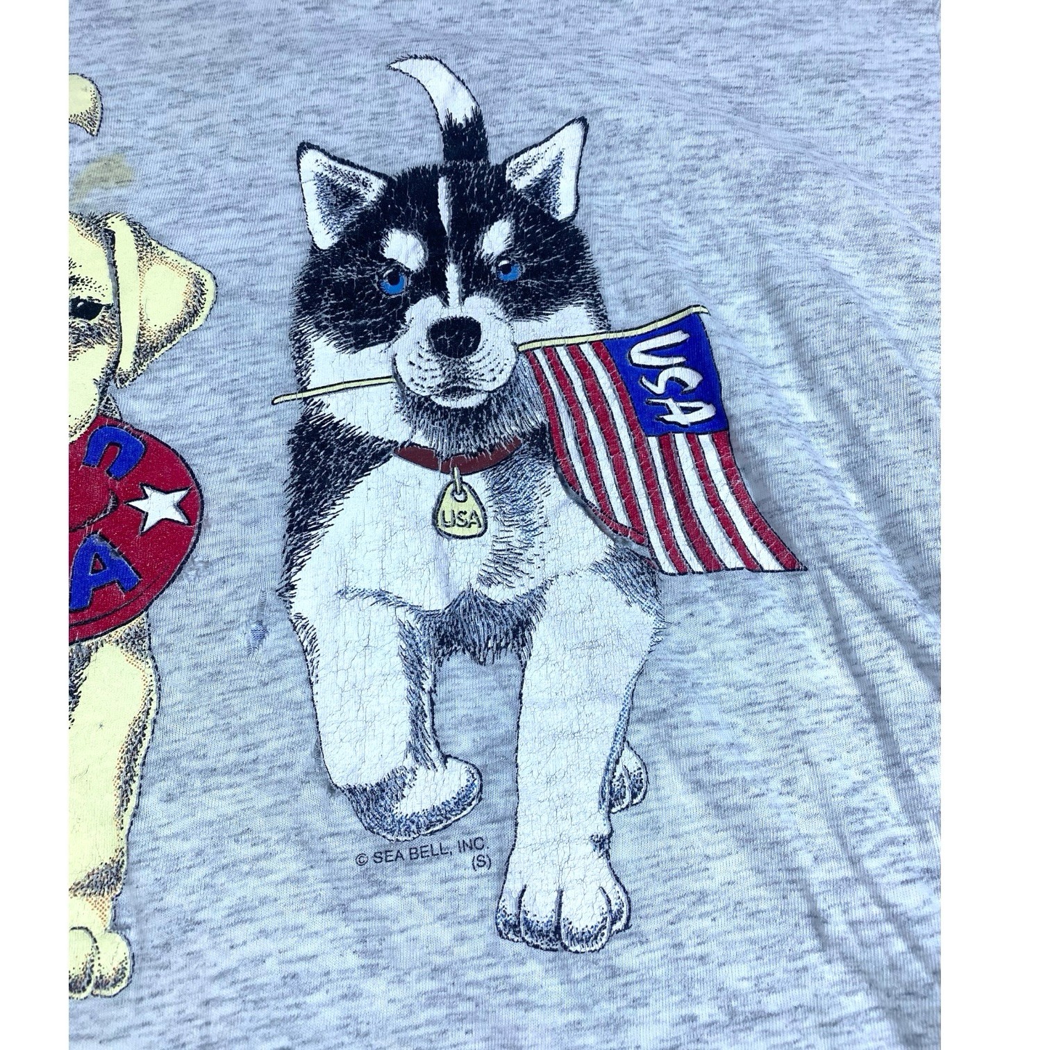 VTG 90s TShirt USA Patriotic Dog 2XL Husky Lab Terrier Flag Double Sided America